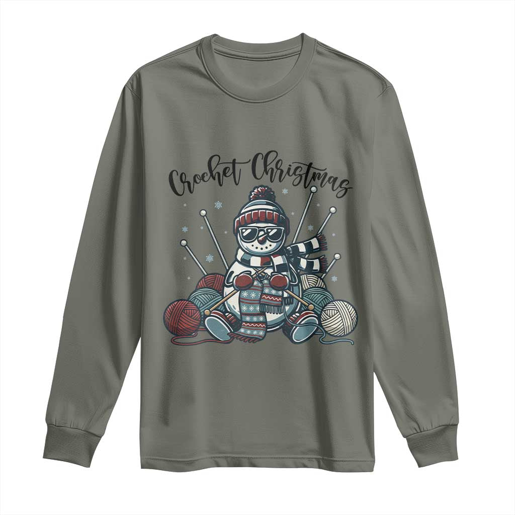 Crochet Christmas Long Sleeve Shirt Funny Snowman Crocheting Gift TS12 Military Green Print Your Wear