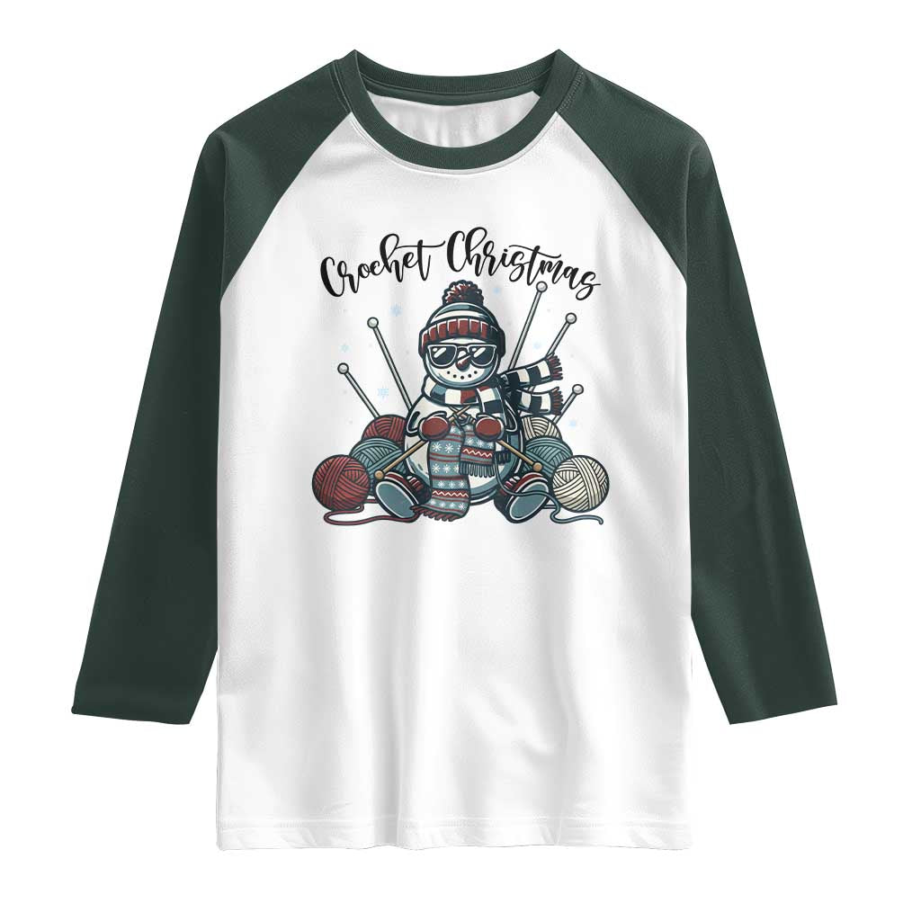 Crochet Christmas Raglan Shirt Funny Snowman Crocheting Gift TS12 White Dark Forest Green Print Your Wear