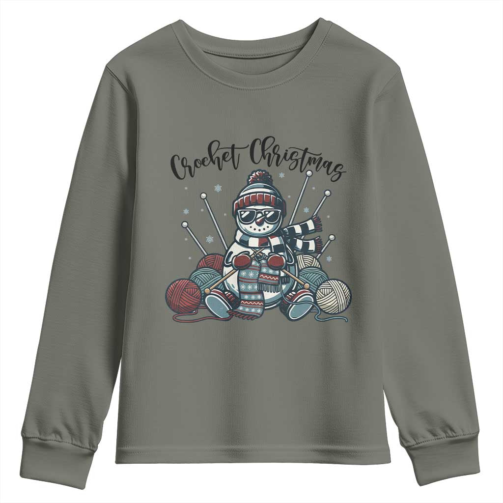 Crochet Christmas Youth Sweatshirt Funny Snowman Crocheting Gift TS12 Military Green Print Your Wear