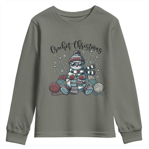 Crochet Christmas Youth Sweatshirt Funny Snowman Crocheting Gift TS12 Military Green Print Your Wear