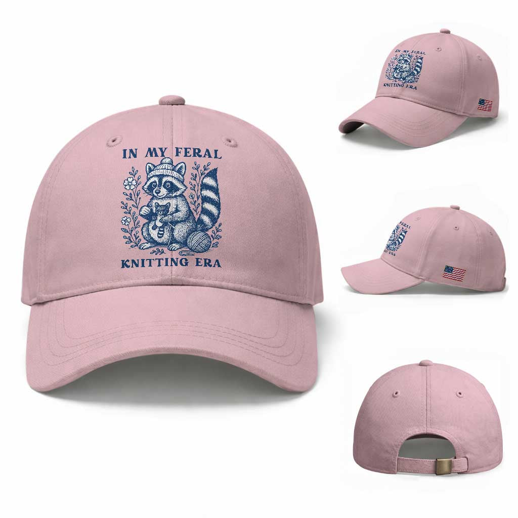 In My Feral Knitting Era Baseball Cap Raccoon Yarn Lover TS12 Baseball Cap Universal Fit Light Pink Print Your Wear