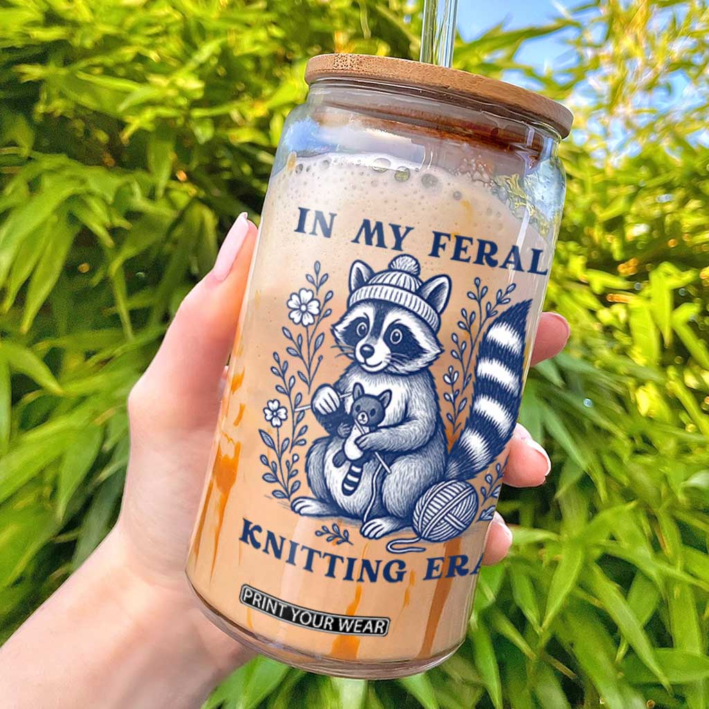 In My Feral Knitting Era Glass Can Raccoon Yarn Lover TS12 White Print Your Wear