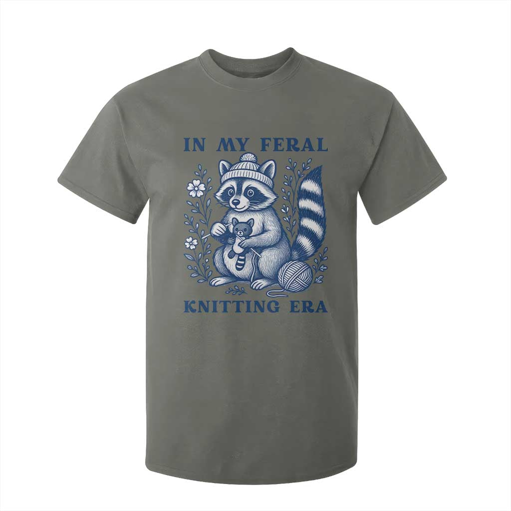 In My Feral Knitting Era T Shirt For Kid Raccoon Yarn Lover TS12 Military Green Print Your Wear