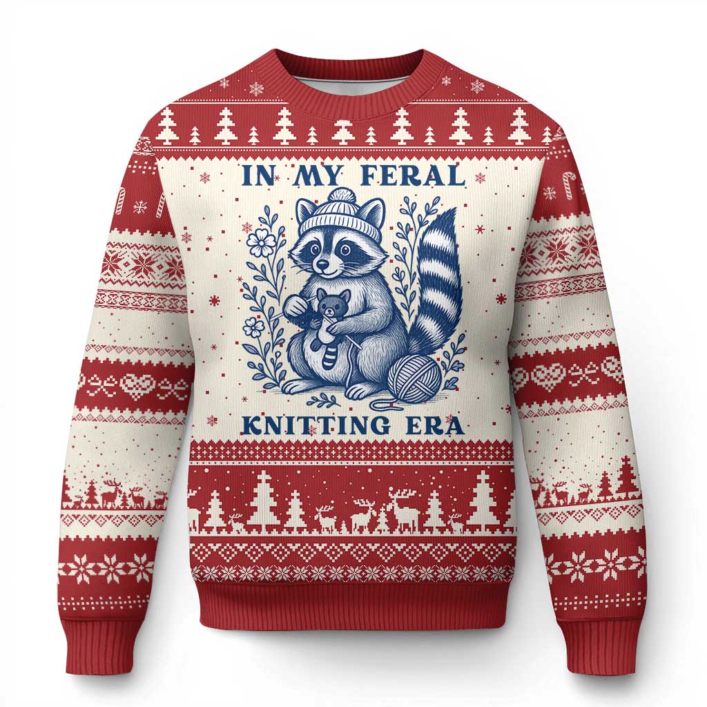 In My Feral Knitting Era Ugly Christmas Sweater Raccoon Yarn Lover TS12 Beige Red Print Your Wear
