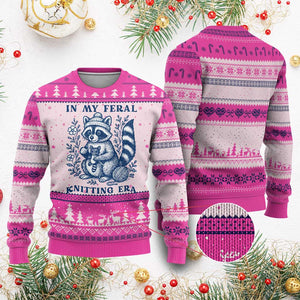 In My Feral Knitting Era Ugly Christmas Sweater Raccoon Yarn Lover TS12 Hot Pink Print Your Wear