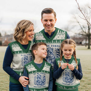 In My Feral Knitting Era V-Neck Knit Sweater Vest Raccoon Yarn Lover TS12 Beige Green Print Your Wear