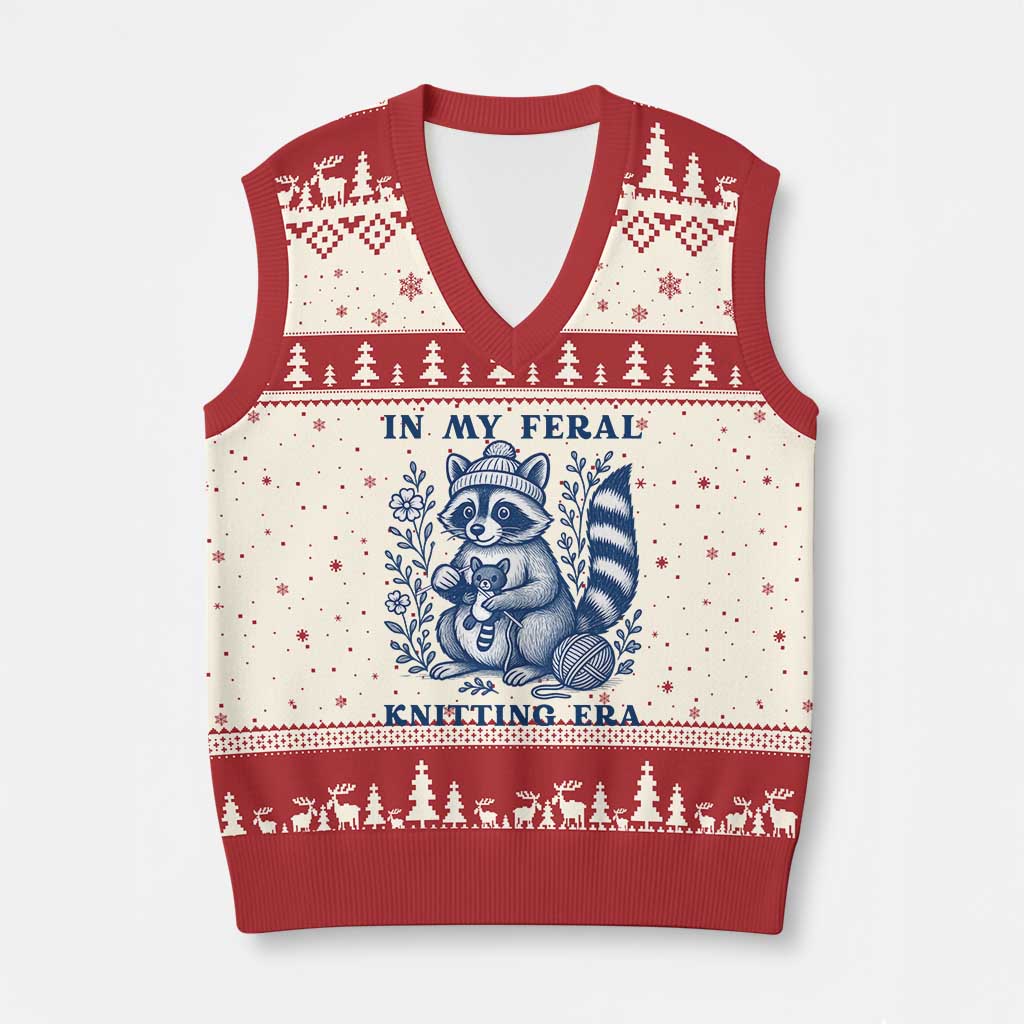 In My Feral Knitting Era V-Neck Knit Sweater Vest Raccoon Yarn Lover TS12 Beige Red Print Your Wear