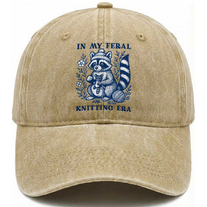 In My Feral Knitting Era Washed Cotton Baseball Cap Raccoon Yarn Lover TS12 Print Your Wear