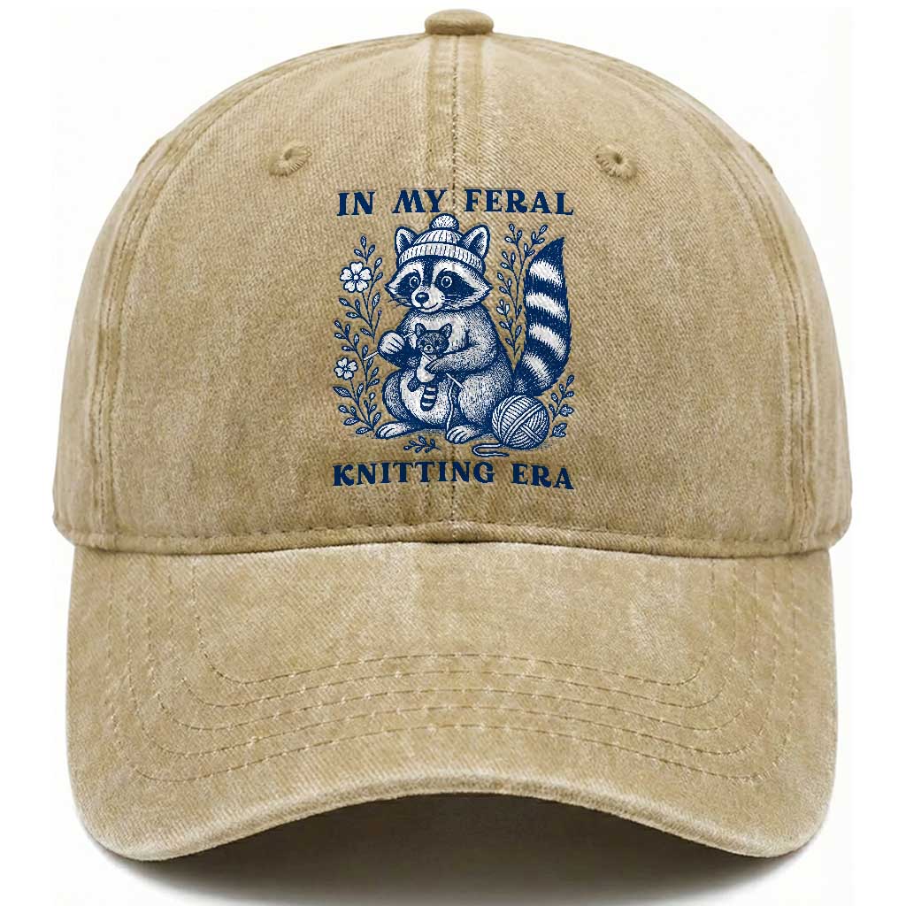 In My Feral Knitting Era Washed Cotton Baseball Cap Raccoon Yarn Lover TS12 Print Your Wear
