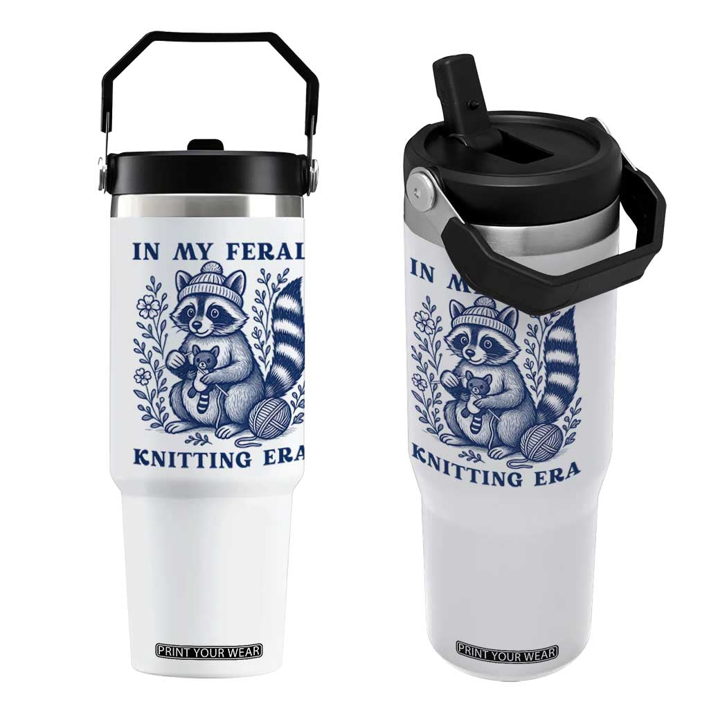 In My Feral Knitting Era Flip Straw Tumbler Raccoon Yarn Lover TS12 One Size: 30 oz White Print Your Wear