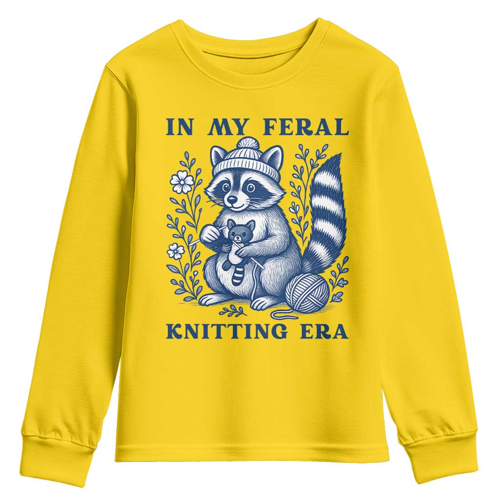 In My Feral Knitting Era Youth Sweatshirt Raccoon Yarn Lover TS12 Daisy Print Your Wear