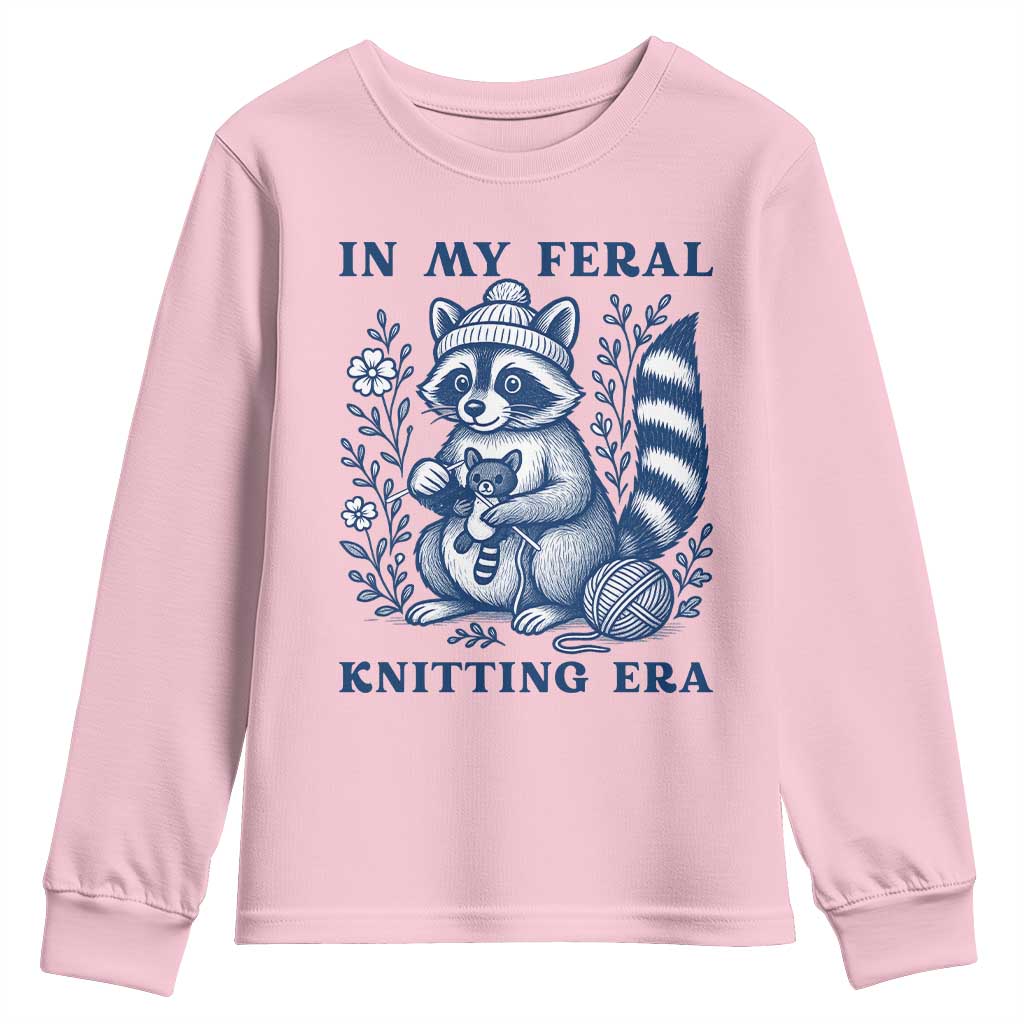 In My Feral Knitting Era Youth Sweatshirt Raccoon Yarn Lover TS12 Light Pink Print Your Wear