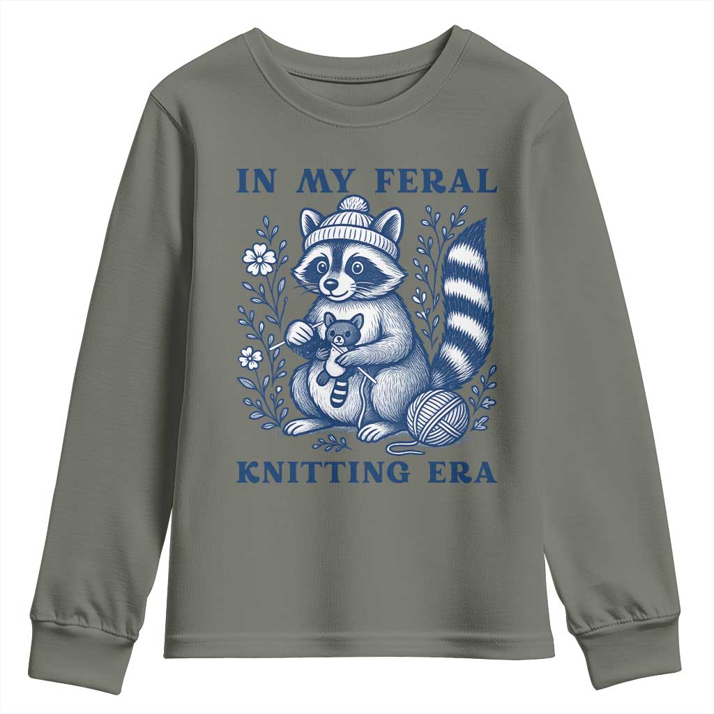 In My Feral Knitting Era Youth Sweatshirt Raccoon Yarn Lover TS12 Military Green Print Your Wear