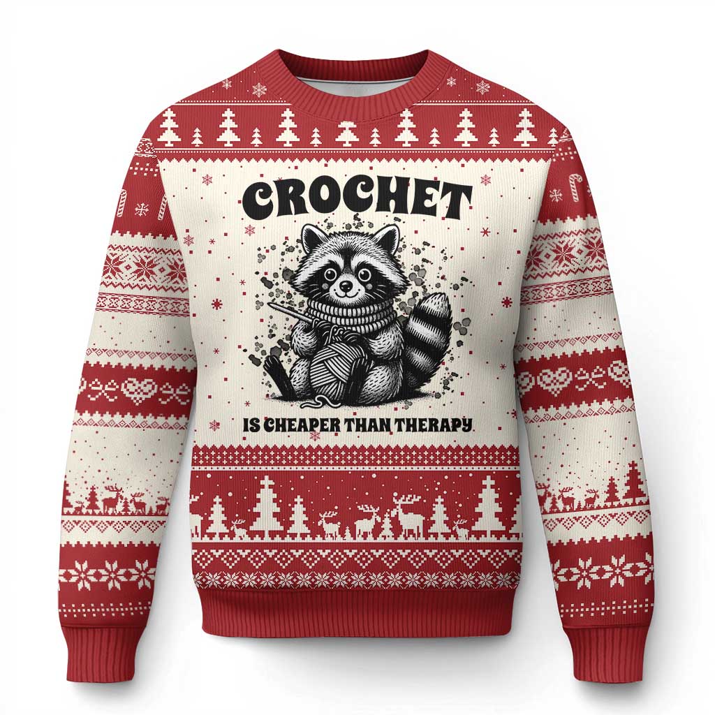 Crocheting Is Cheaper Than Therapy Ugly Christmas Sweater Raccoon Yarn Lover TS12 Beige Red Print Your Wear