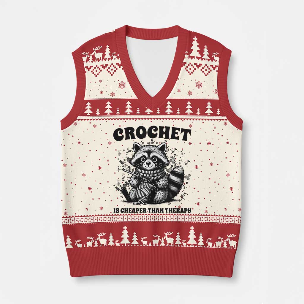 Crocheting Is My Therapy V-Neck Knit Sweater Vest Raccoon Yarn Lover TS12 Beige Red Print Your Wear