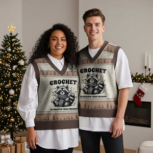 Crocheting Is Cheaper Than Therapy V-Neck Knit Sweater Vest Raccoon Yarn Lover TS12 Mocha Mousse Print Your Wear
