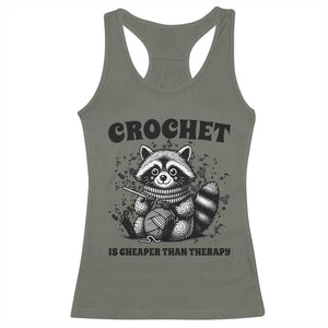 Crocheting Is Cheaper Than Therapy Racerback Tank Top Raccoon Yarn Lover TS12 Military Green Print Your Wear