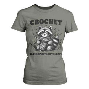 Crocheting Is Cheaper Than Therapy T Shirt For Women Raccoon Yarn Lover TS12 Military Green Print Your Wear