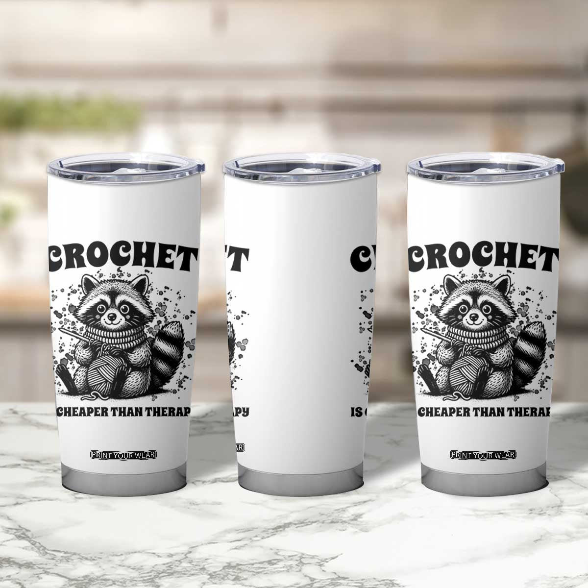Crocheting Is Cheaper Than Therapy Tumbler Cup Raccoon Yarn Lover TS12 Print Your Wear