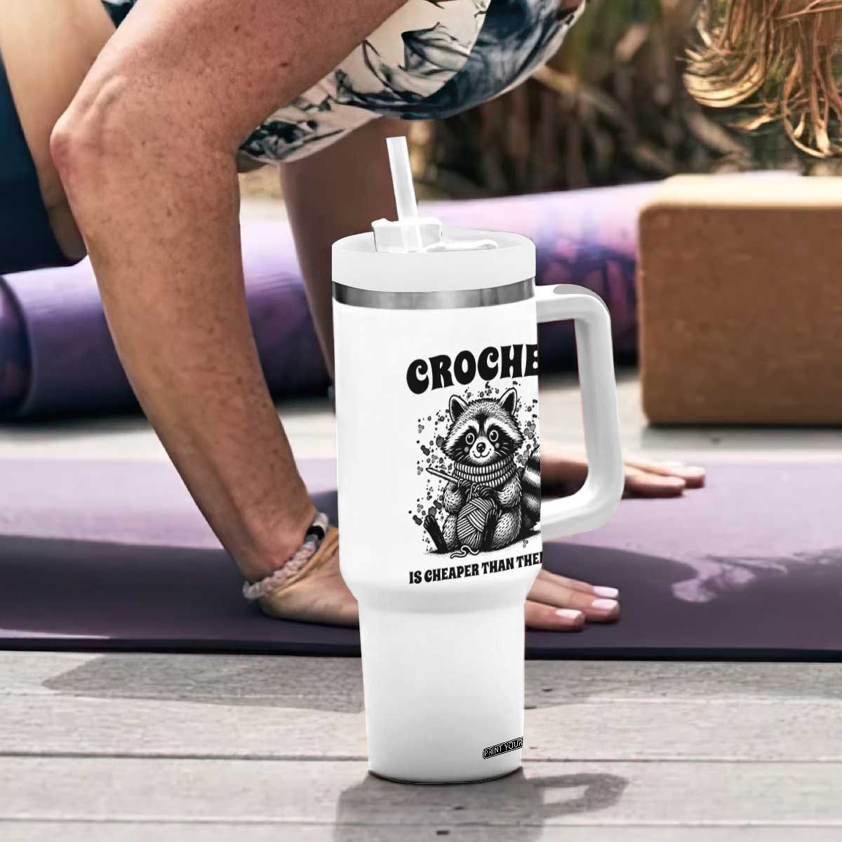 Crocheting Is Cheaper Than Therapy Tumbler With Handle Raccoon Yarn Lover TS12 Print Your Wear