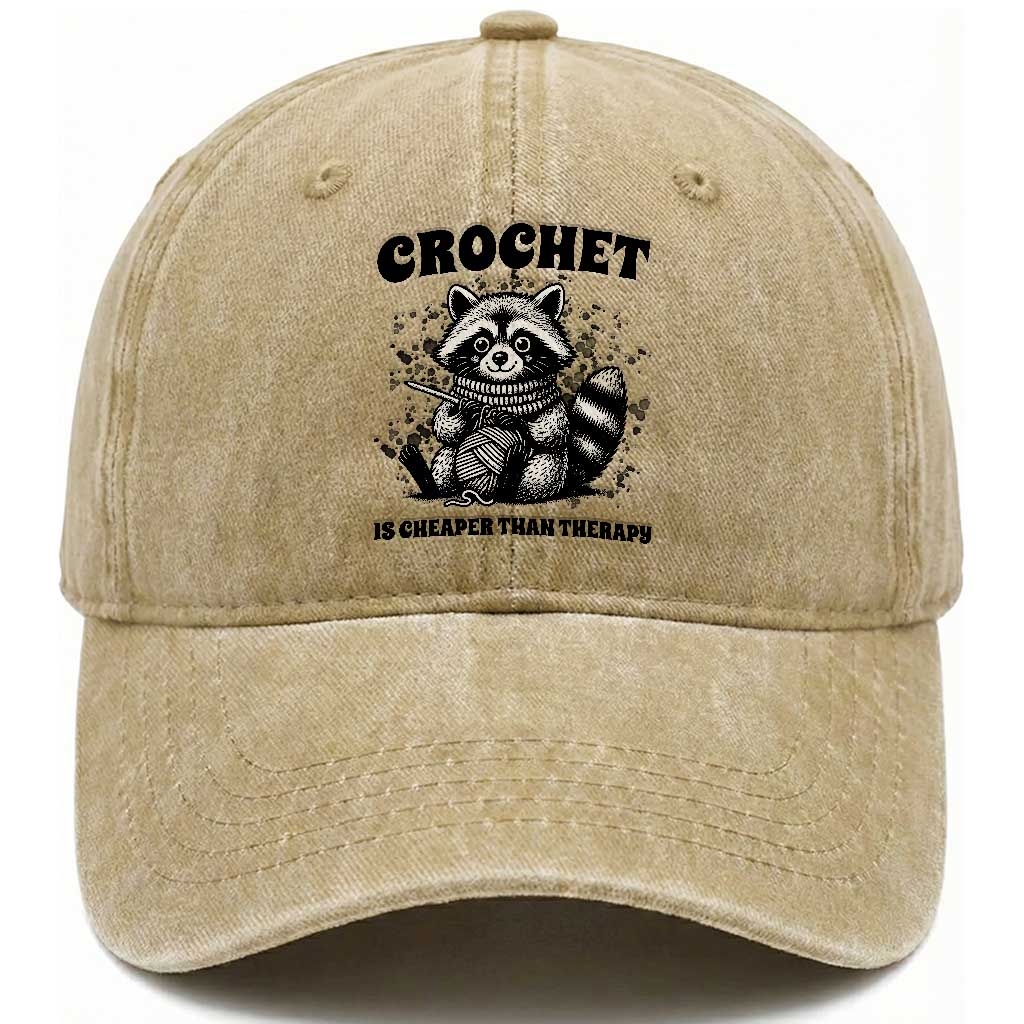 Crocheting Is Cheaper Than Therapy Washed Cotton Baseball Cap Raccoon Yarn Lover TS12 Print Your Wear