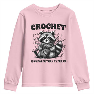 Crocheting Is Cheaper Than Therapy Youth Sweatshirt Raccoon Yarn Lover TS12 Light Pink Print Your Wear