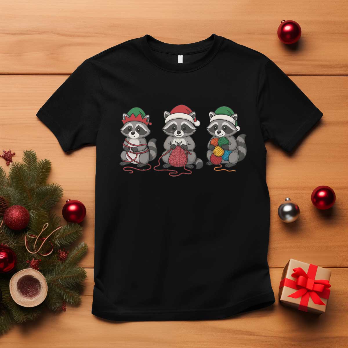 Christmas Raccoon Knitting T Shirt Funny Holiday Yarn Gift - Print Your Wear