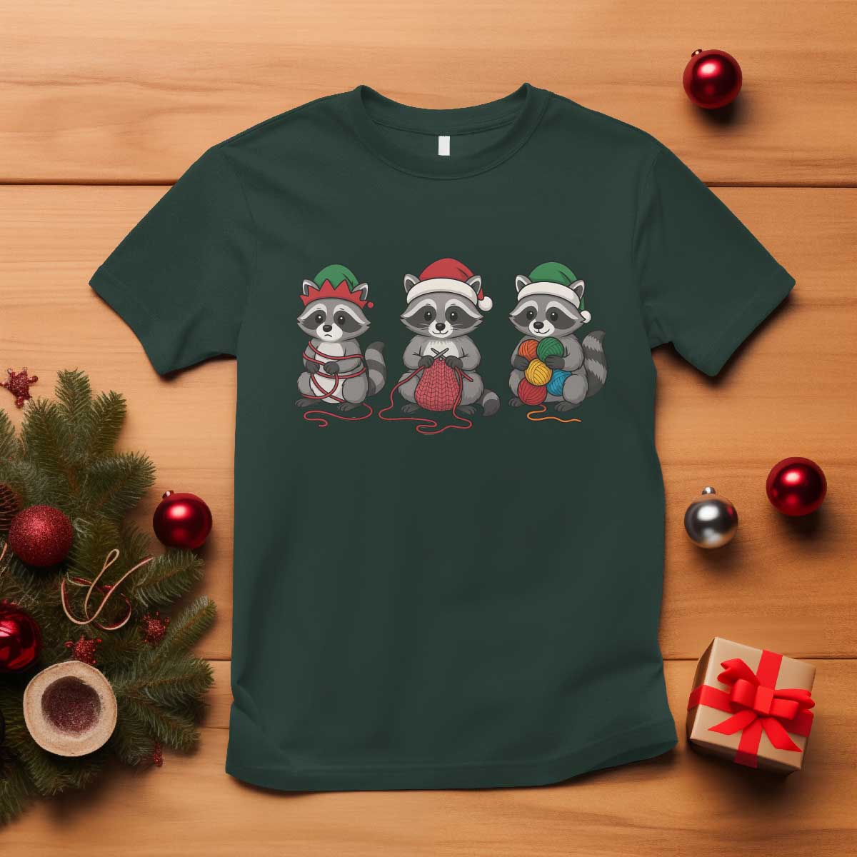Christmas Raccoon Knitting T Shirt Funny Holiday Yarn Gift TS12 Dark Forest Green Print Your Wear