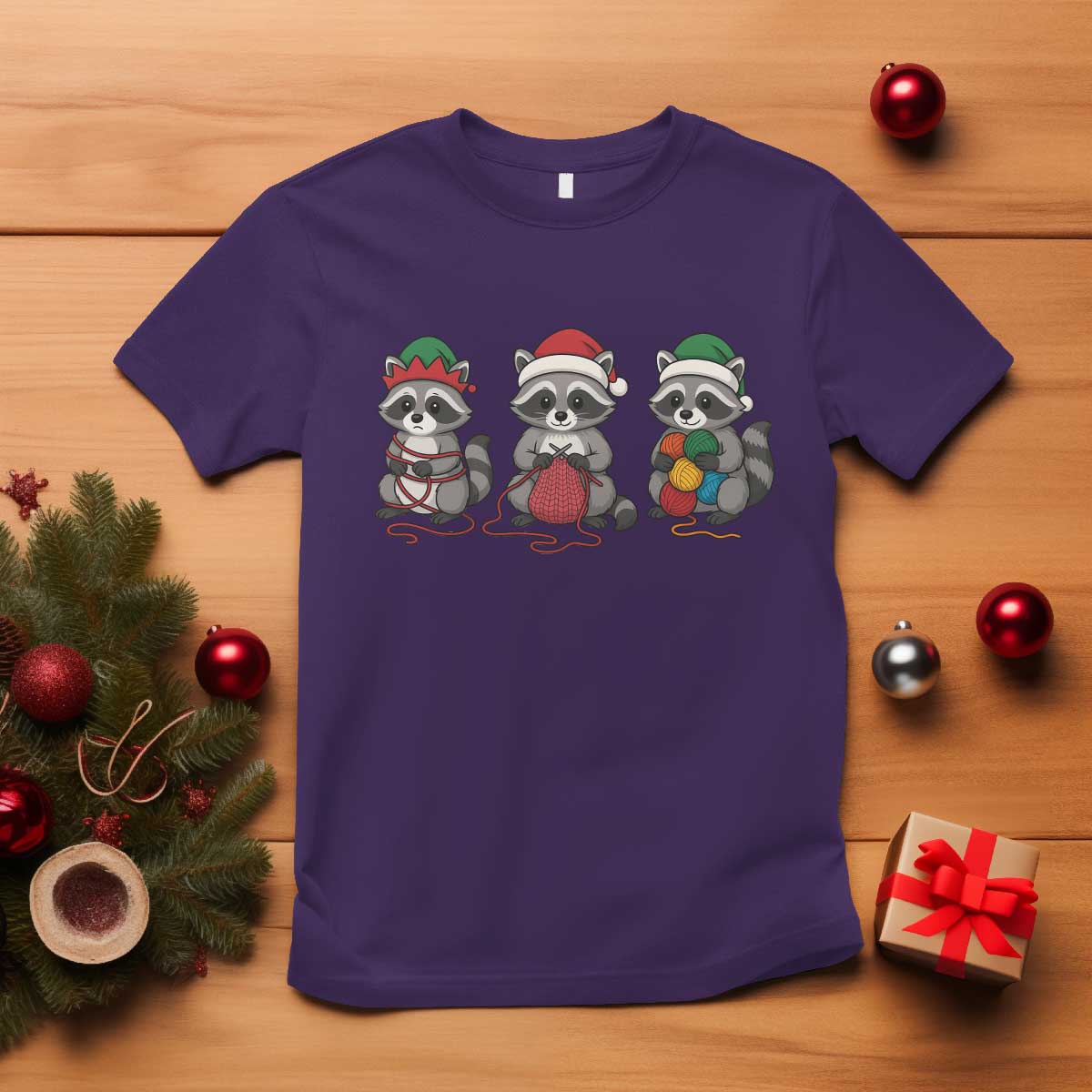 Christmas Raccoon Knitting T Shirt Funny Holiday Yarn Gift TS12 Purple Print Your Wear