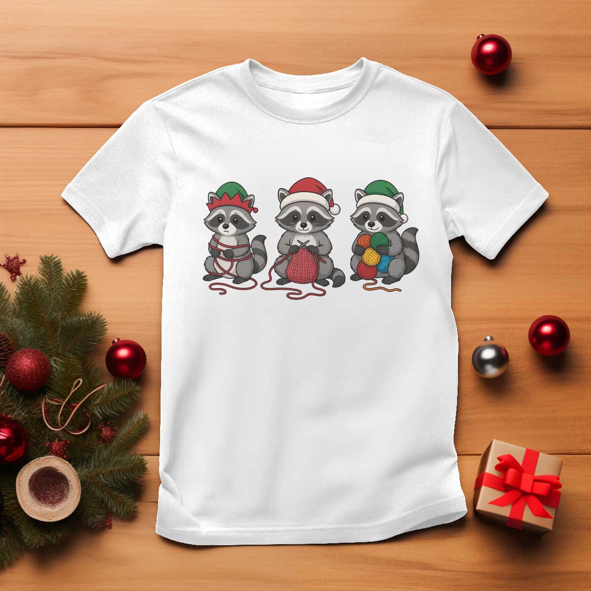 Christmas Raccoon Knitting T Shirt Funny Holiday Yarn Gift TS12 White Print Your Wear