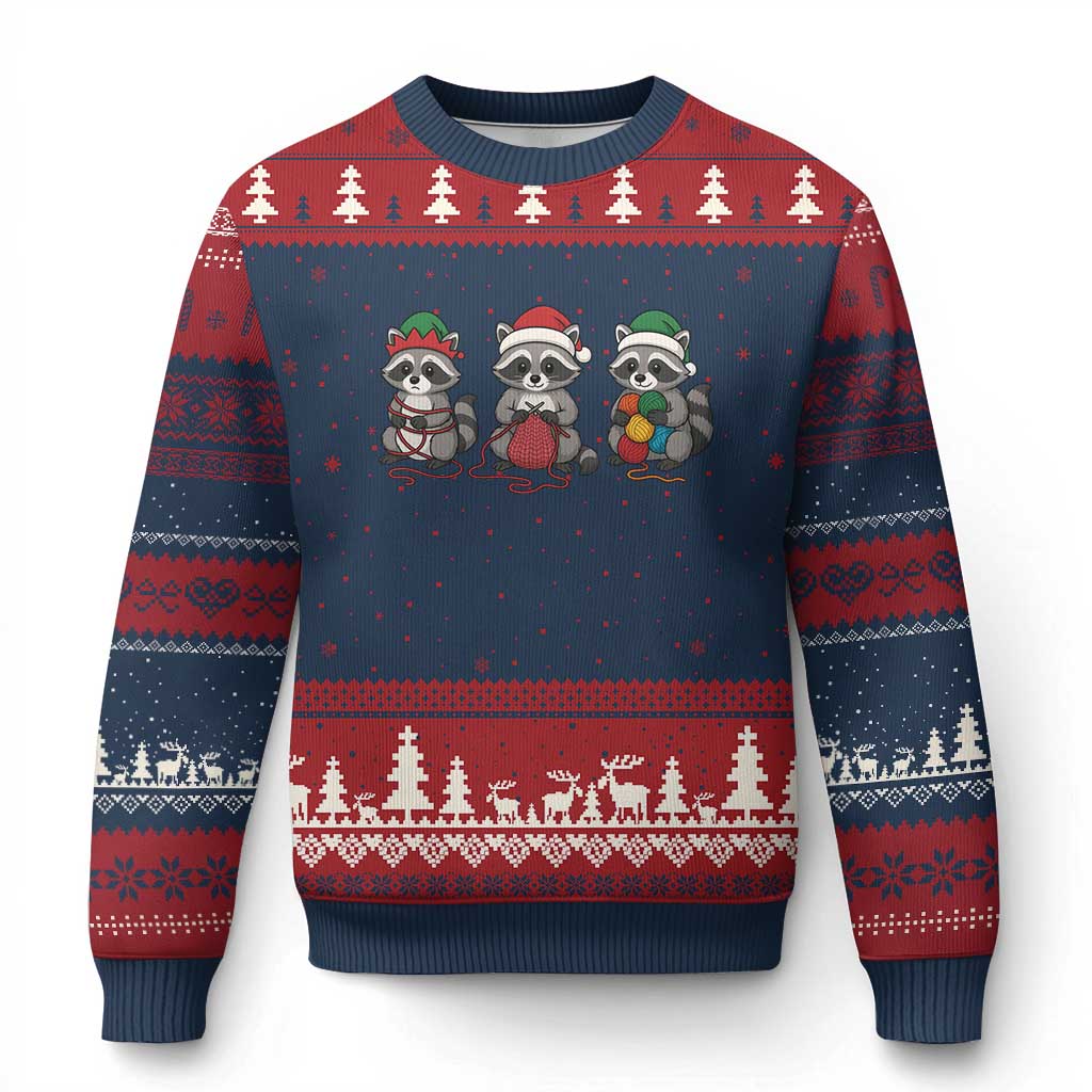 Xmas Raccoon Knitting Ugly Christmas Sweater Funny Holiday Yarn Gift TS12 Navy Red Print Your Wear