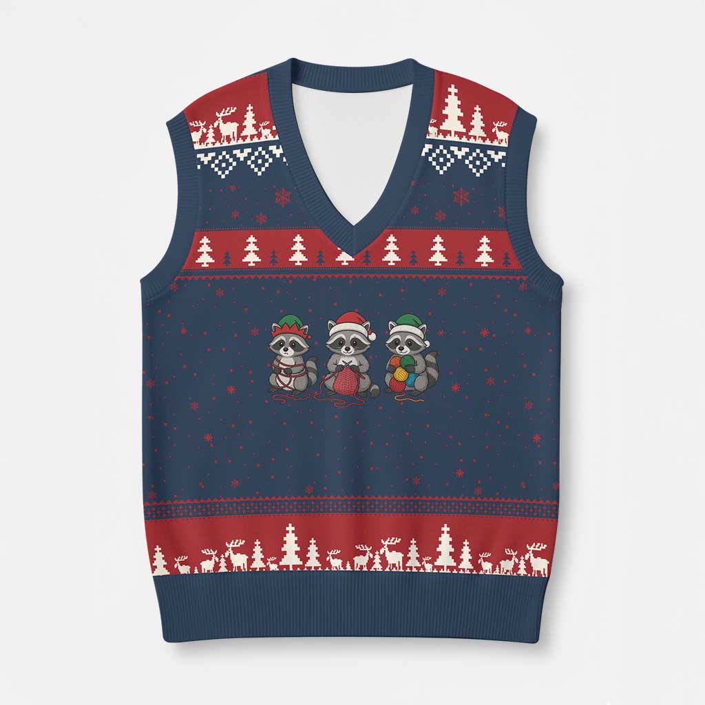 Xmas Raccoon Knitting V-Neck Knit Sweater Vest Funny Holiday Yarn Gift TS12 Navy Red Print Your Wear