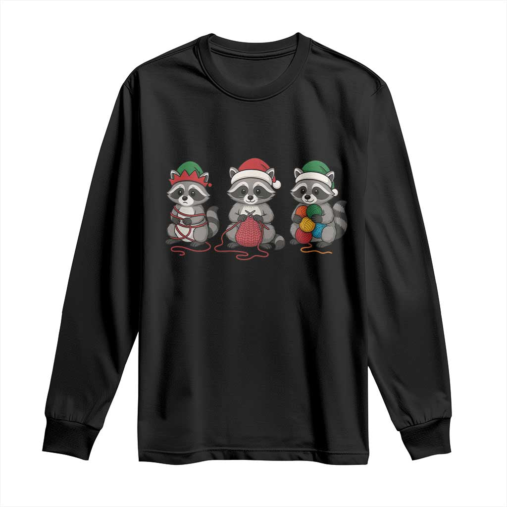 Christmas Raccoon Knitting Long Sleeve Shirt Funny Holiday Yarn Gift TS12 Black Print Your Wear