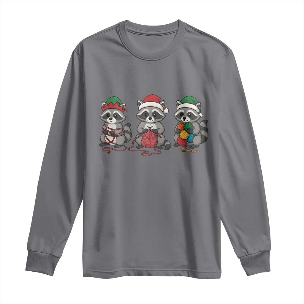 Christmas Raccoon Knitting Long Sleeve Shirt Funny Holiday Yarn Gift TS12 Charcoal Print Your Wear