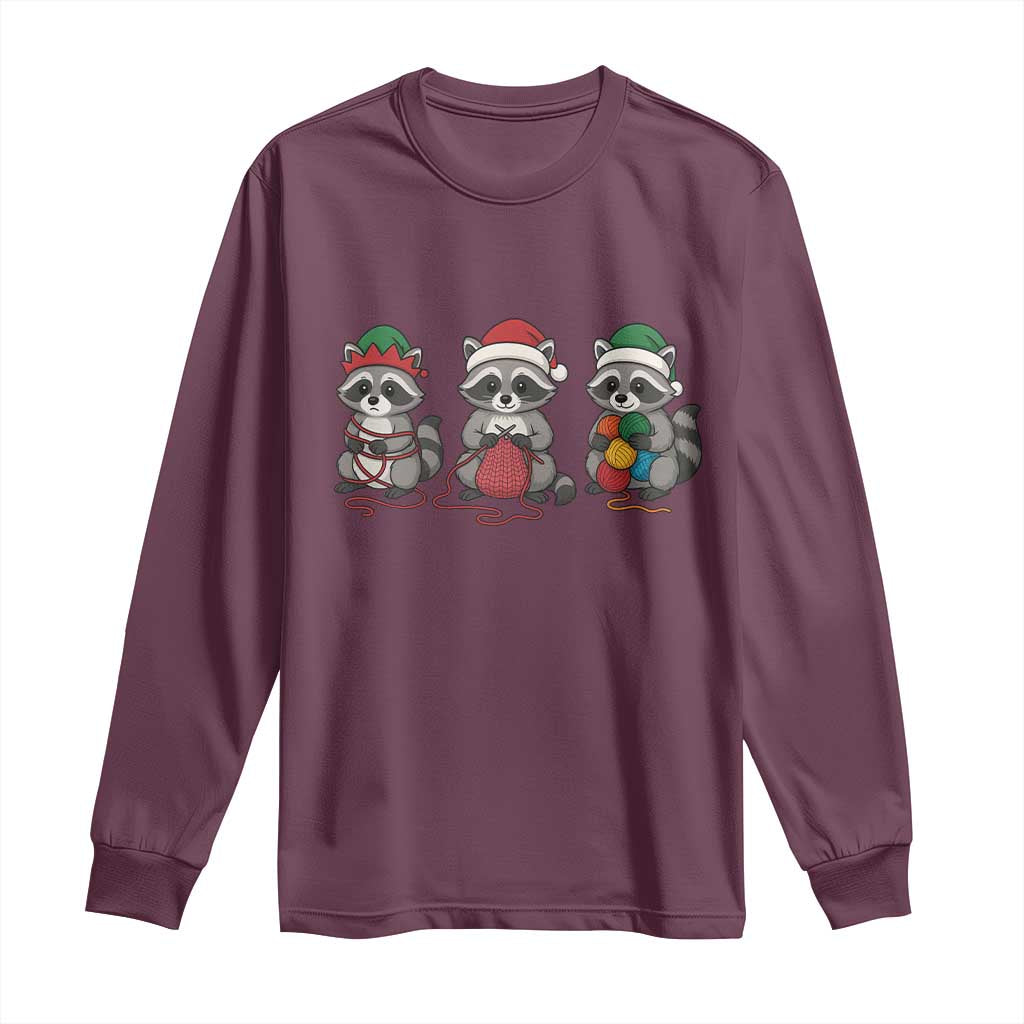 Christmas Raccoon Knitting Long Sleeve Shirt Funny Holiday Yarn Gift TS12 Maroon Print Your Wear