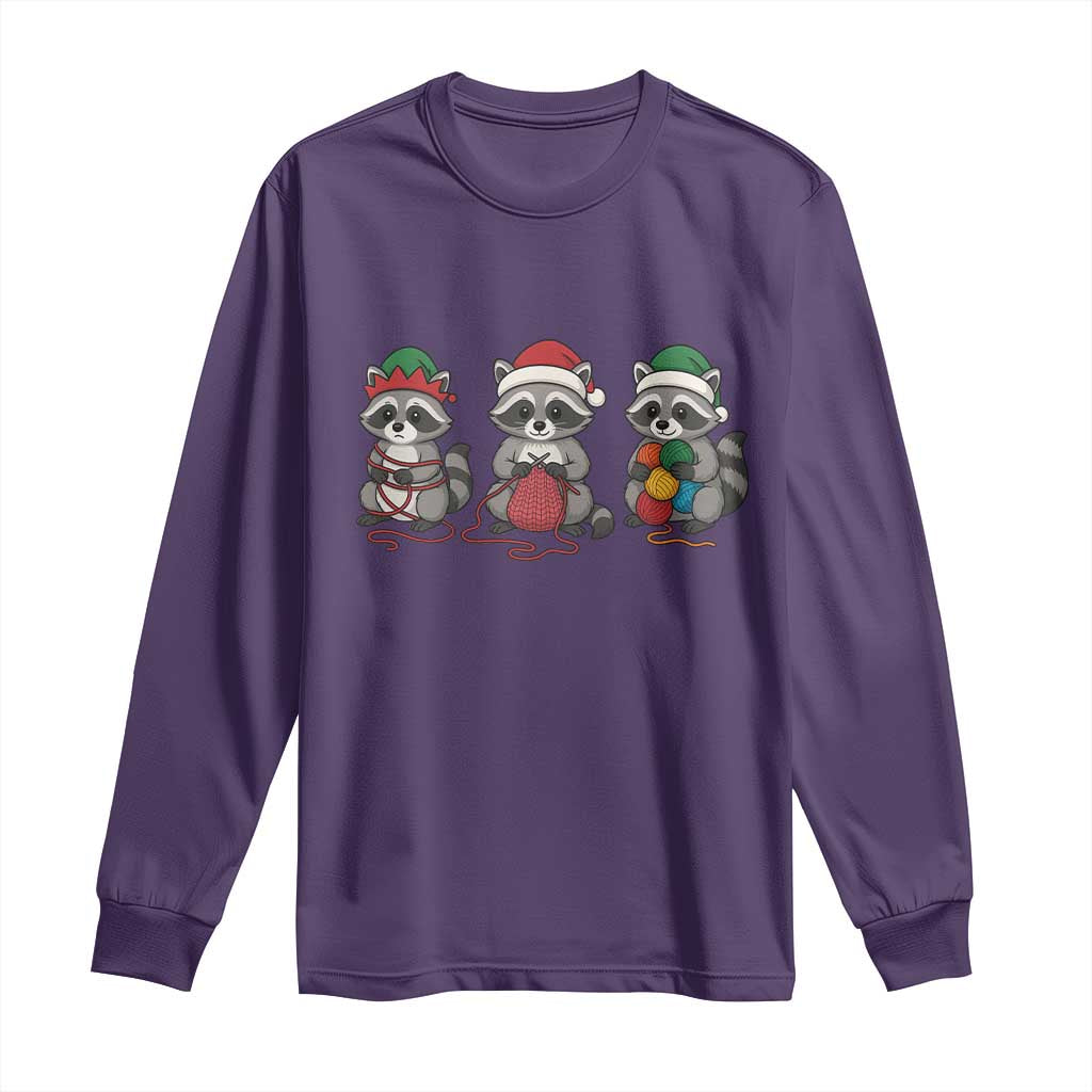Christmas Raccoon Knitting Long Sleeve Shirt Funny Holiday Yarn Gift TS12 Purple Print Your Wear