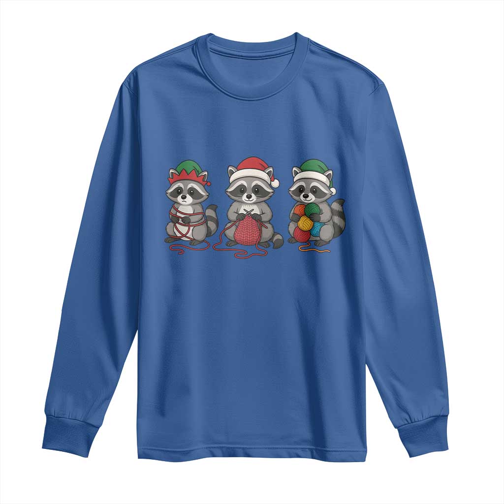 Christmas Raccoon Knitting Long Sleeve Shirt Funny Holiday Yarn Gift TS12 Royal Blue Print Your Wear