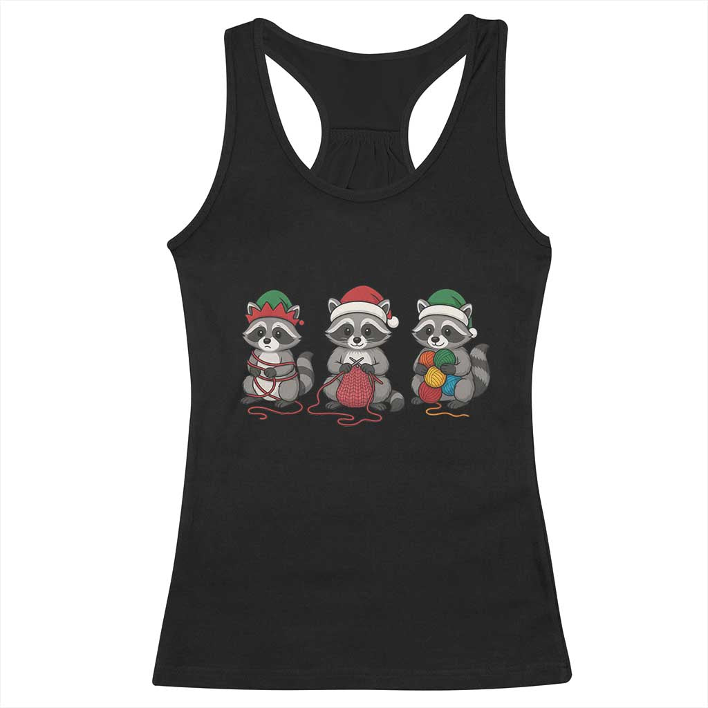 Christmas Raccoon Knitting Racerback Tank Top Funny Holiday Yarn Gift TS12 Black Print Your Wear