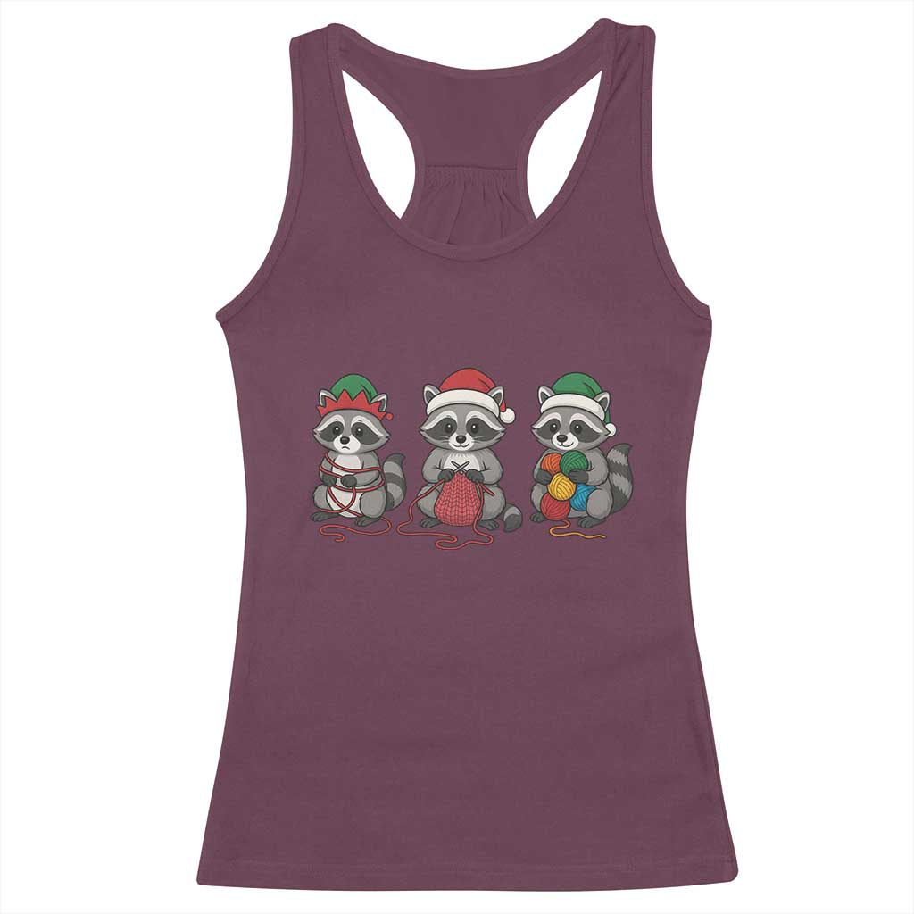 Christmas Raccoon Knitting Racerback Tank Top Funny Holiday Yarn Gift TS12 Maroon Print Your Wear