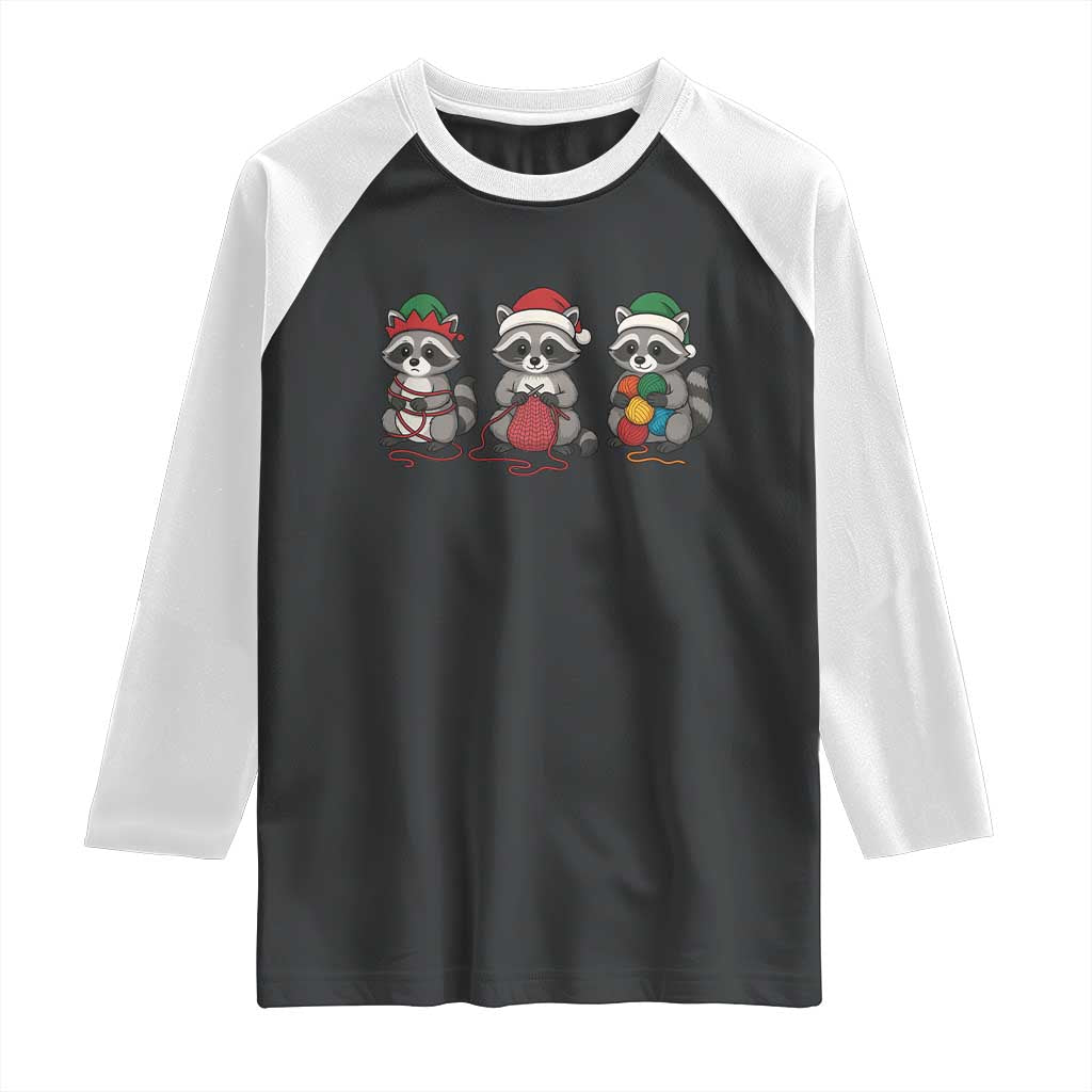 Christmas Raccoon Knitting Raglan Shirt Funny Holiday Yarn Gift TS12 Black White Print Your Wear