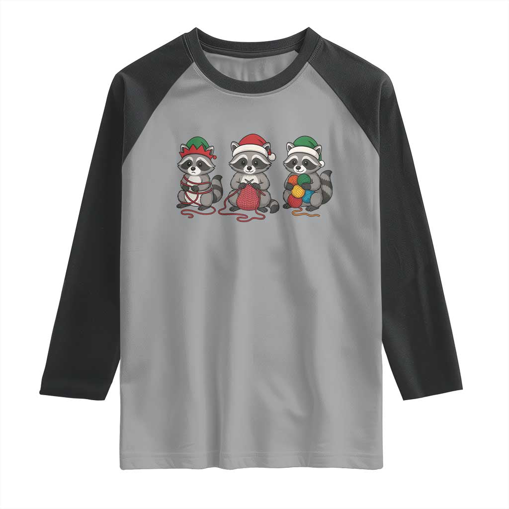 Christmas Raccoon Knitting Raglan Shirt Funny Holiday Yarn Gift TS12 Sport Gray Black Print Your Wear