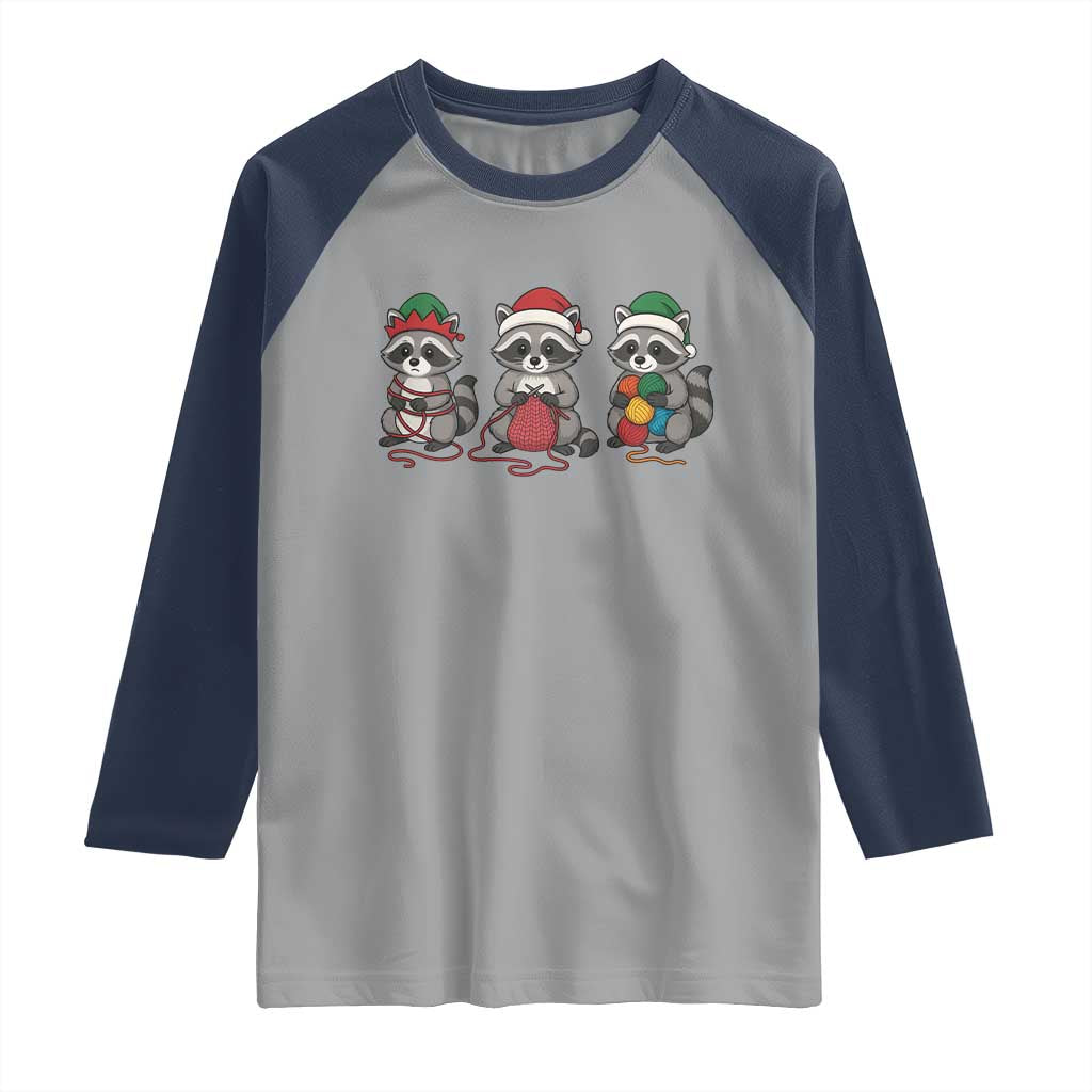 Christmas Raccoon Knitting Raglan Shirt Funny Holiday Yarn Gift TS12 Sport Gray Navy Print Your Wear