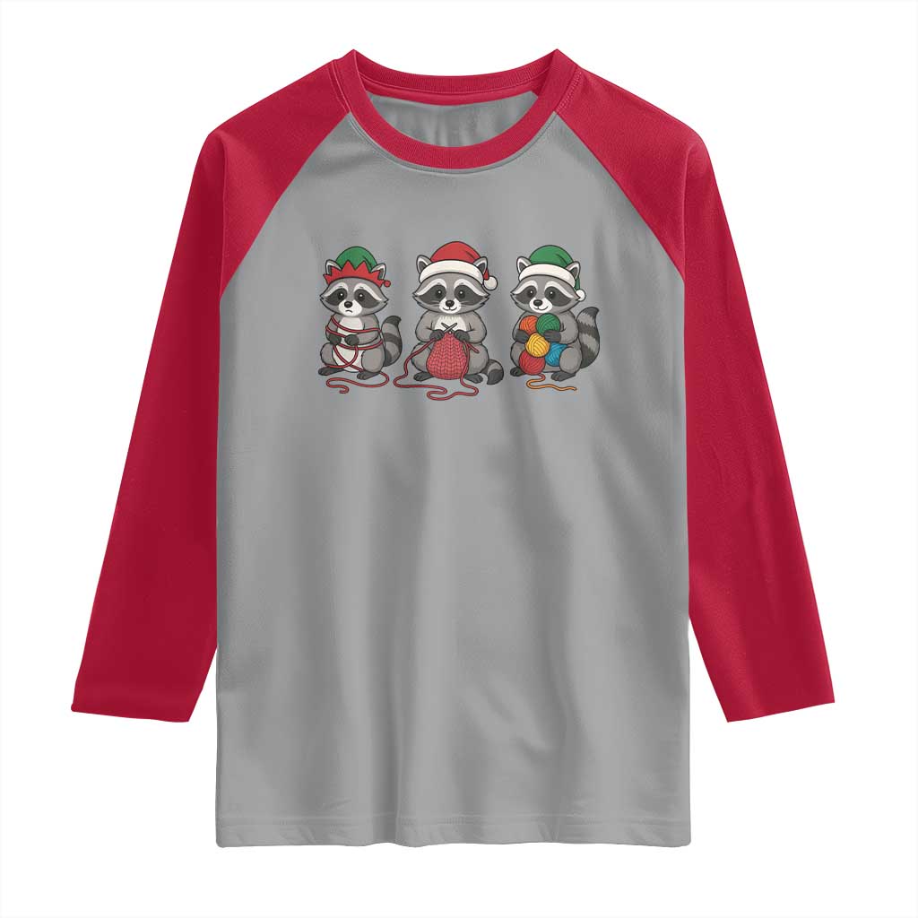 Christmas Raccoon Knitting Raglan Shirt Funny Holiday Yarn Gift TS12 Sport Gray Red Print Your Wear