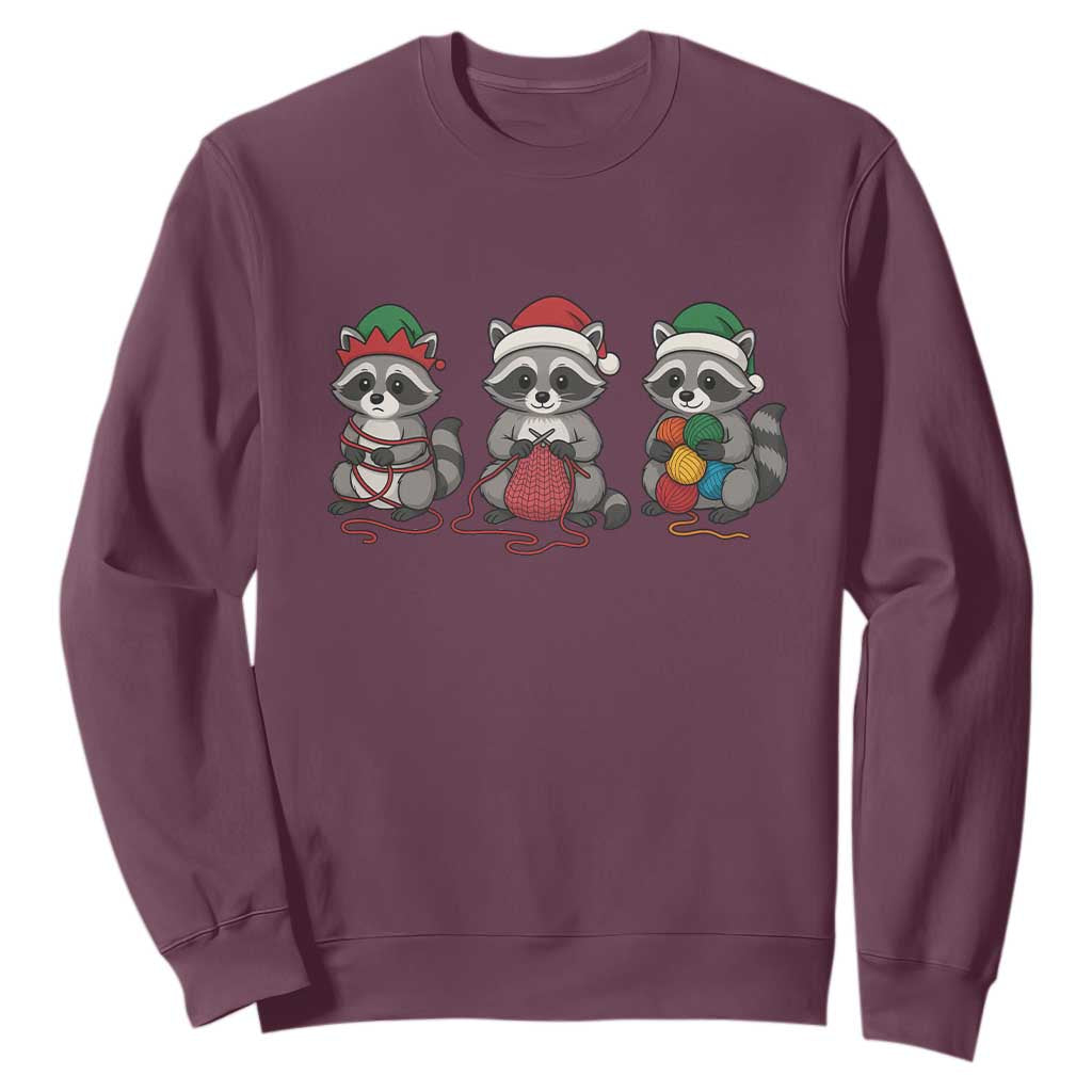 Christmas Raccoon Knitting Sweatshirt Funny Holiday Yarn Gift TS12 Maroon Print Your Wear