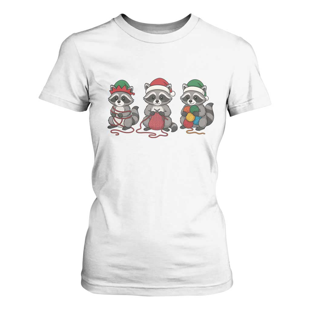 Christmas Raccoon Knitting T Shirt For Women Funny Holiday Yarn Gift TS12 White Print Your Wear