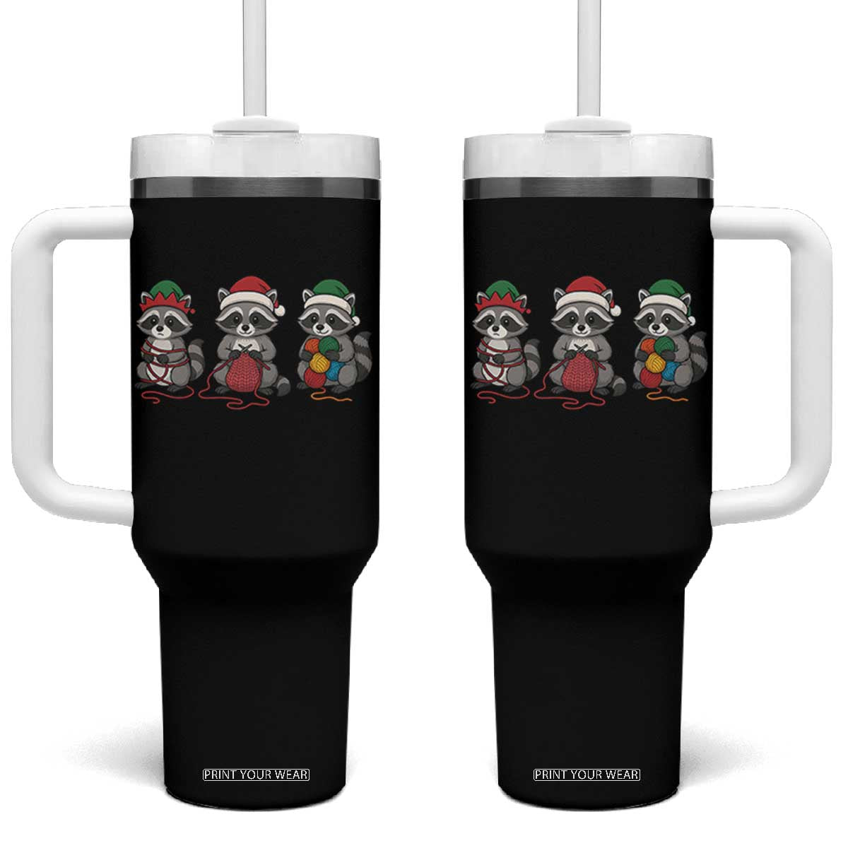 Christmas Raccoon Knitting Tumbler With Handle Funny Holiday Yarn Gift TS12 One Size: 40 oz Black Print Your Wear