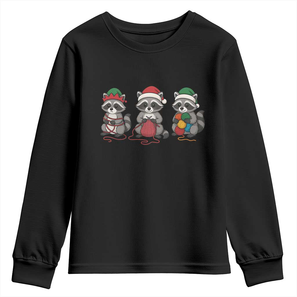 Christmas Raccoon Knitting Youth Sweatshirt Funny Holiday Yarn Gift TS12 Black Print Your Wear
