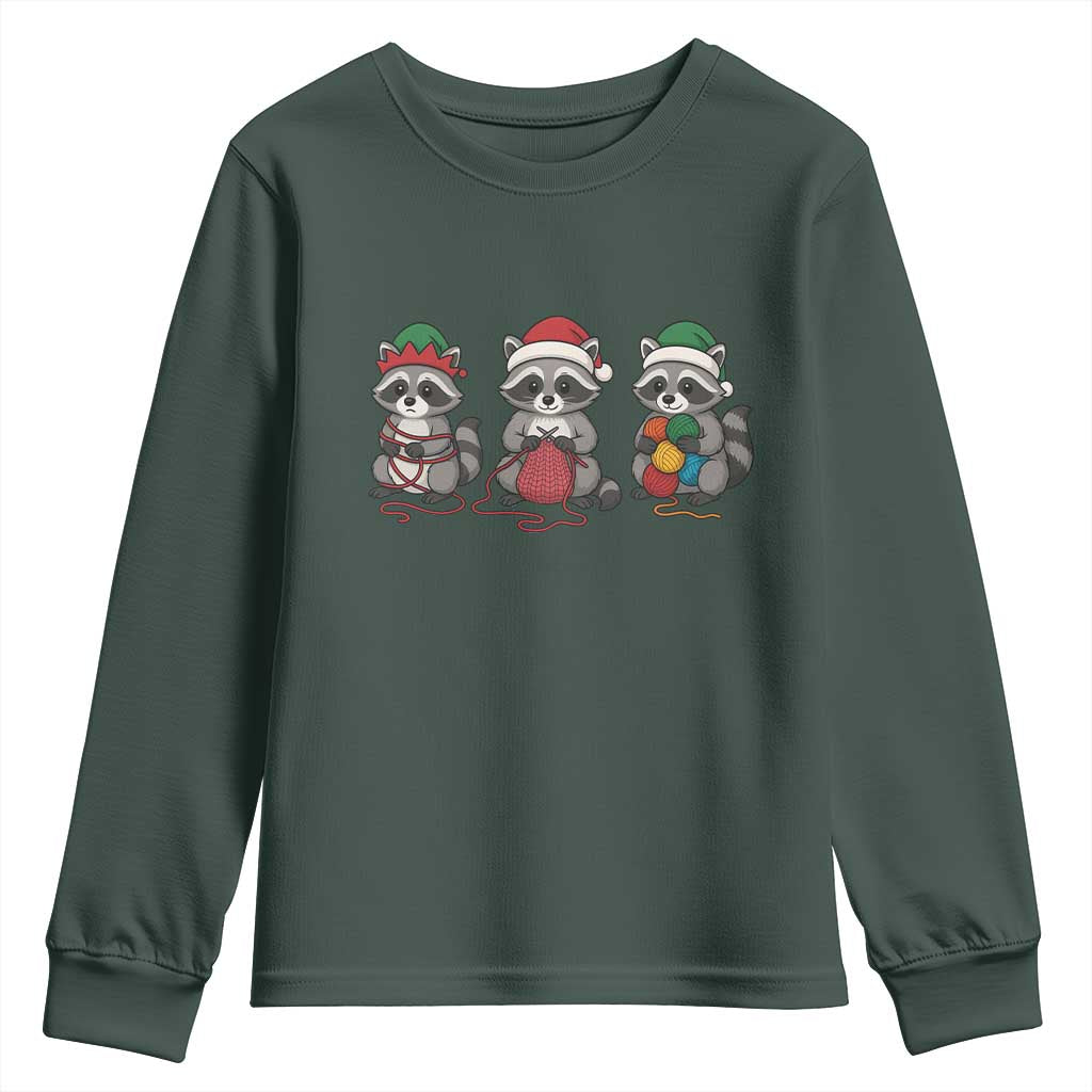 Christmas Raccoon Knitting Youth Sweatshirt Funny Holiday Yarn Gift TS12 Dark Forest Green Print Your Wear
