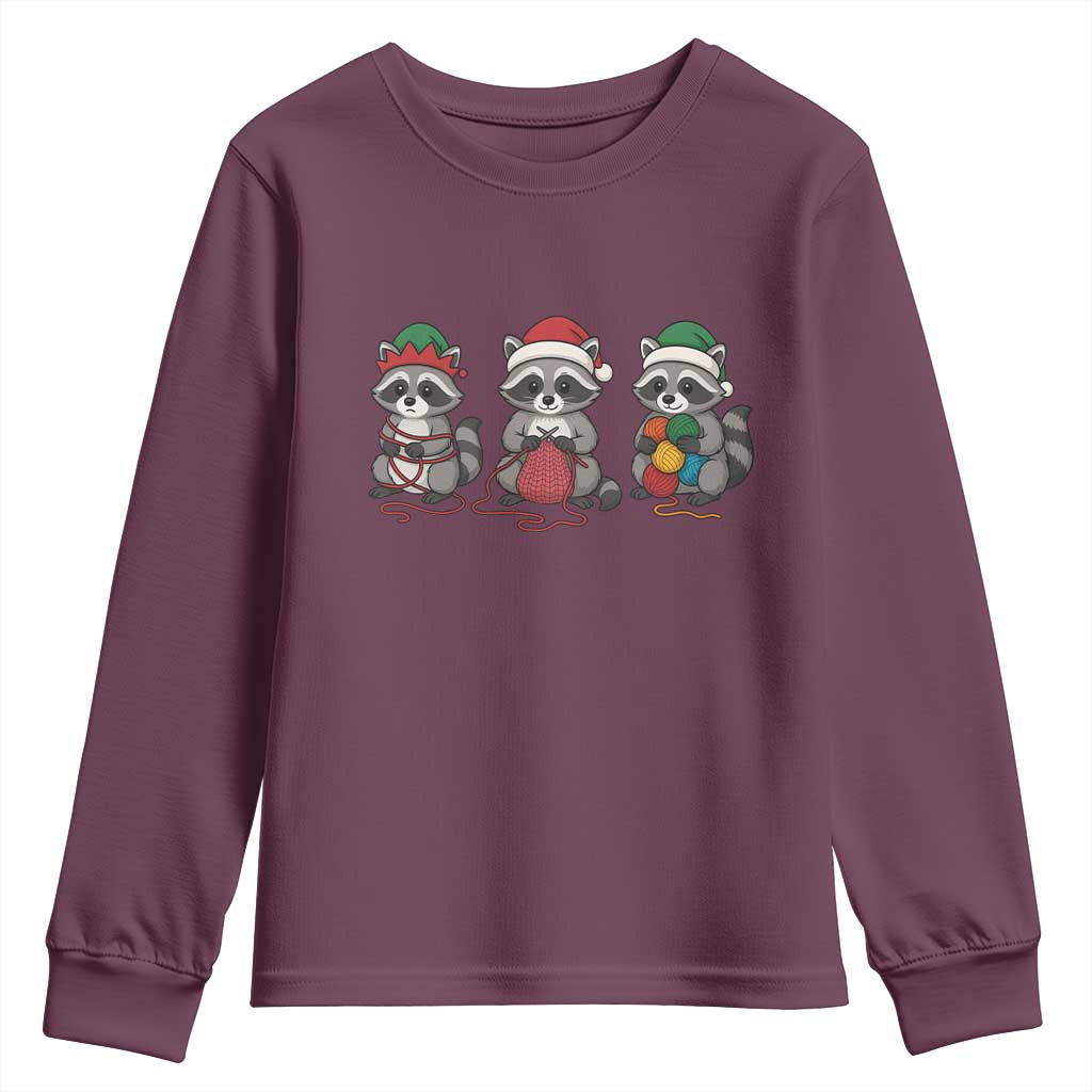 Christmas Raccoon Knitting Youth Sweatshirt Funny Holiday Yarn Gift TS12 Maroon Print Your Wear
