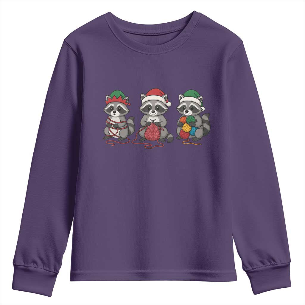 Christmas Raccoon Knitting Youth Sweatshirt Funny Holiday Yarn Gift TS12 Purple Print Your Wear